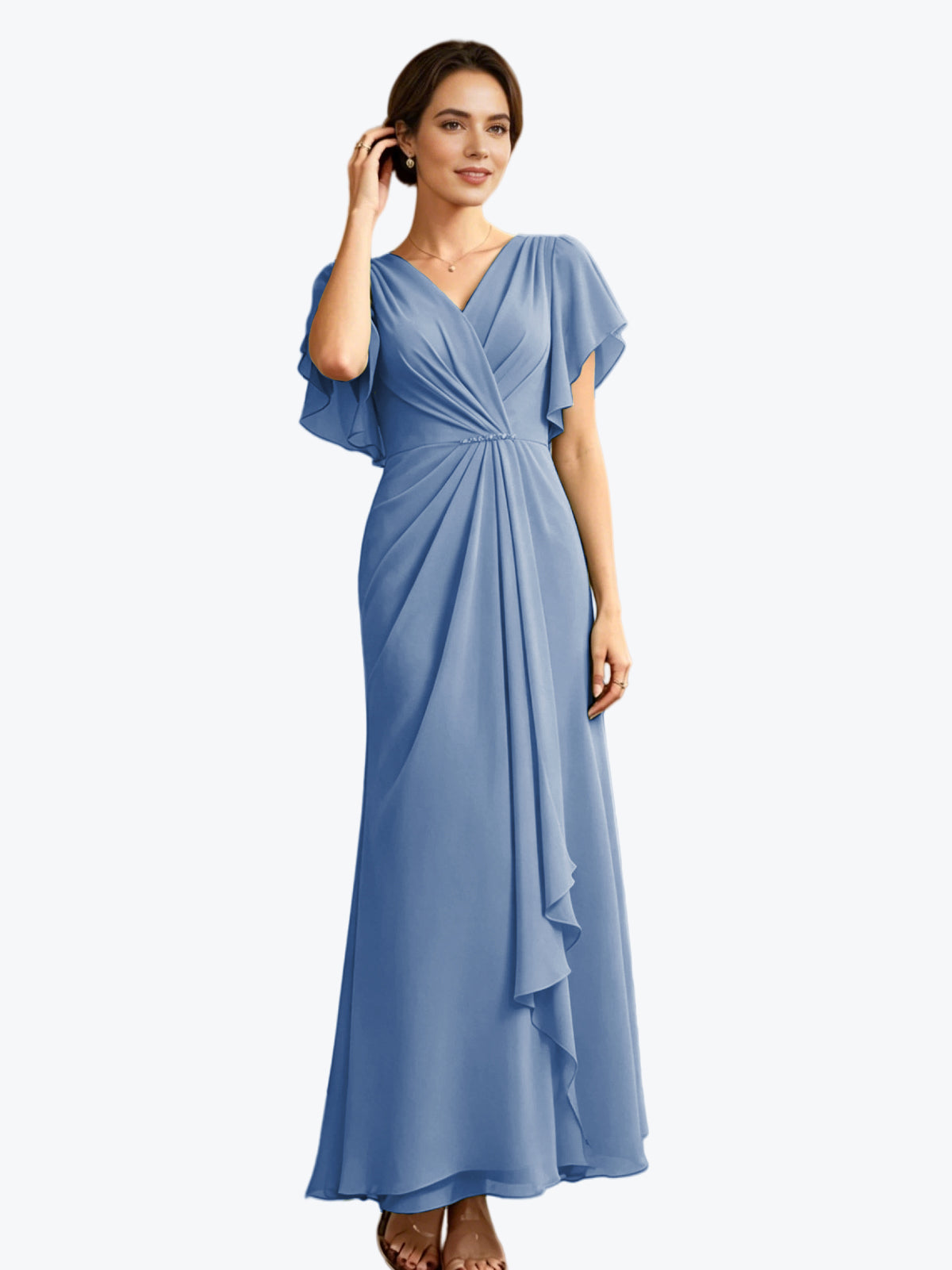 Long light blue chiffon V-neck A-line dress with flutter sleeves and wrap bodice