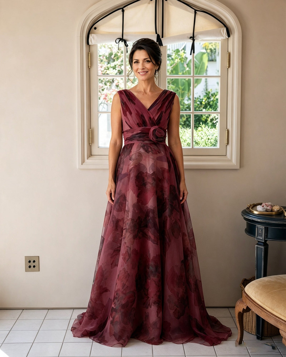 Burgundy floral chiffon mother-of-the-bride dress, V-neck with rosette sash, sleeveless full skirt