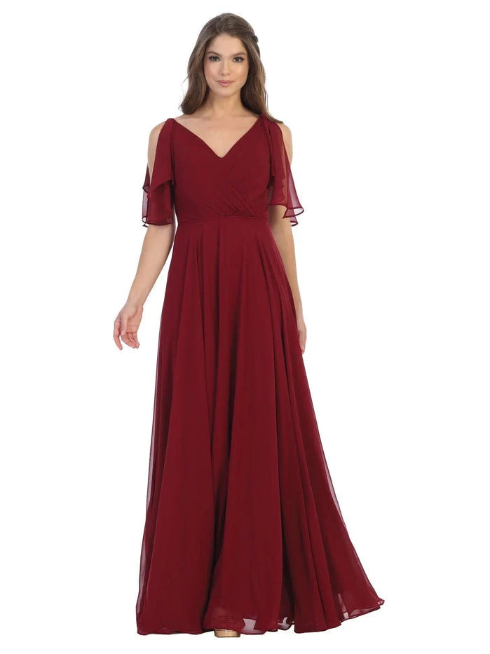 Ruffled V-neck A-line maxi chiffon dress, burgundy with cold-shoulder flutter sleeves.