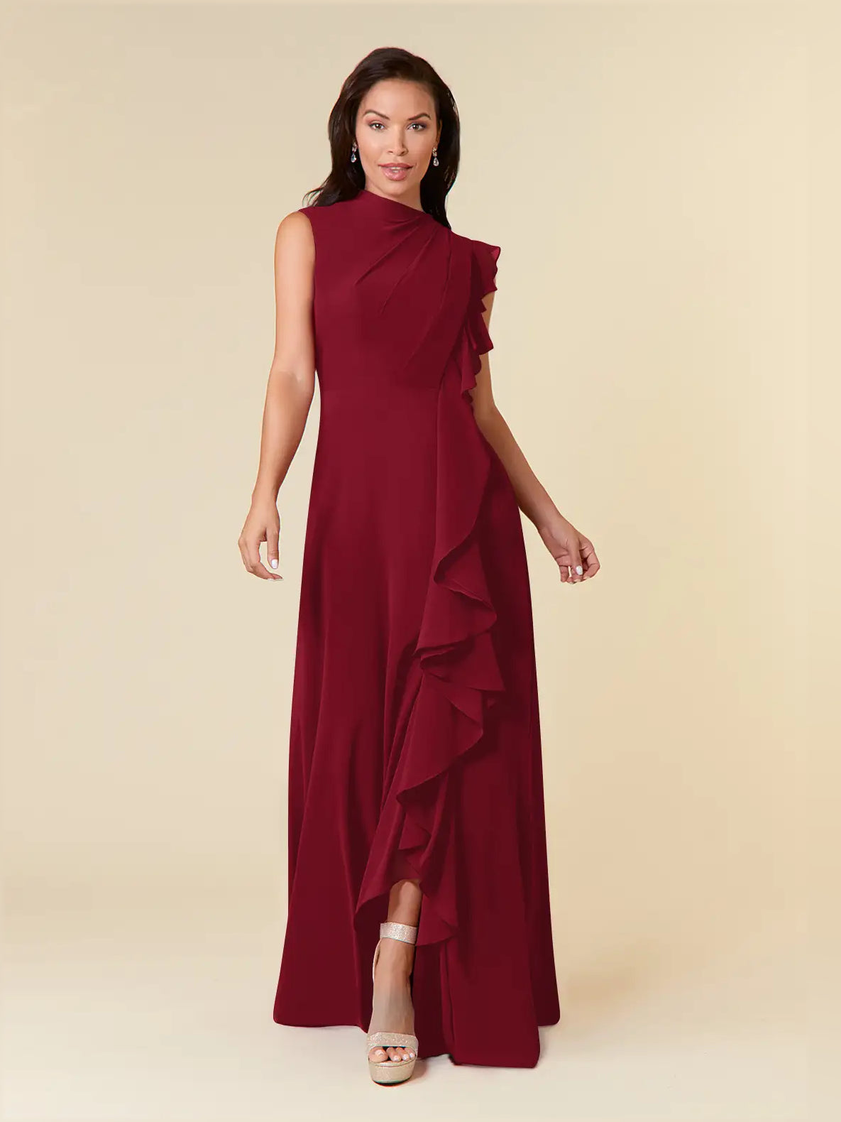 Burgundy chiffon maxi dress with high neck and layered ruffle drape, sleeveless A-line