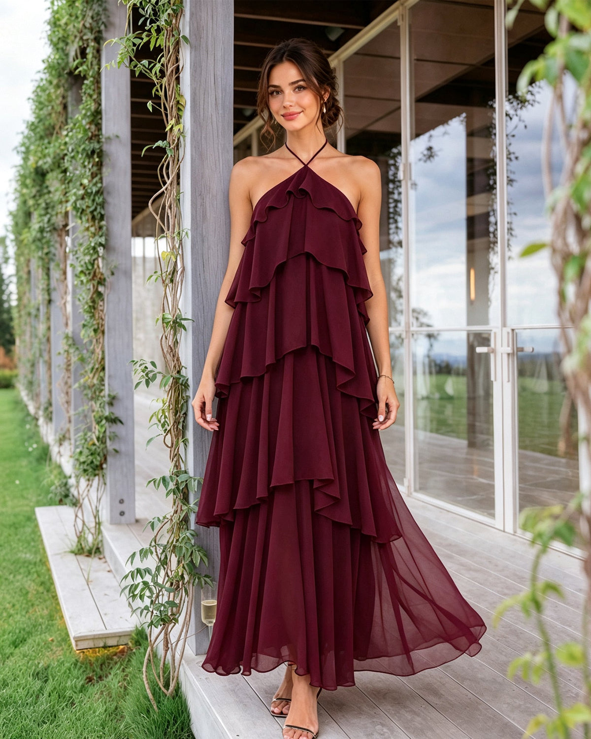 Burgundy halter neck tiered chiffon bridesmaid dress with layered ruffle overlay