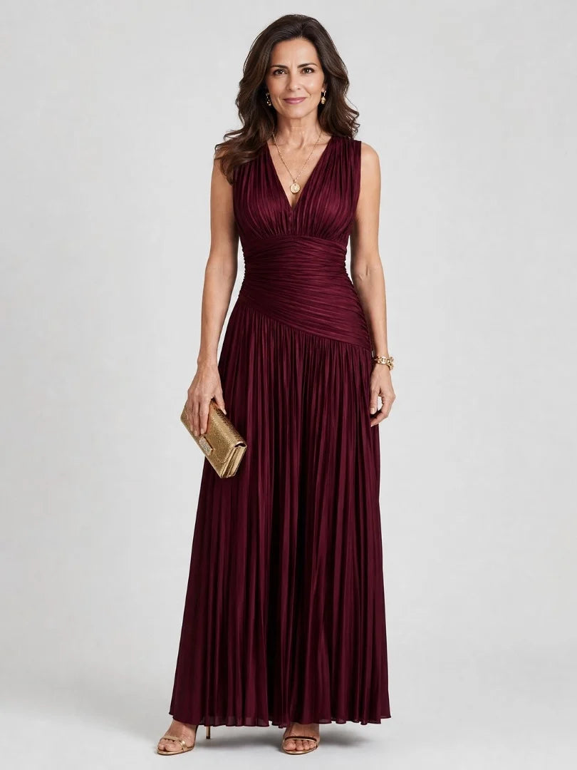 Burgundy sleeveless V-neck ruched bodice pleated maxi A-line dress