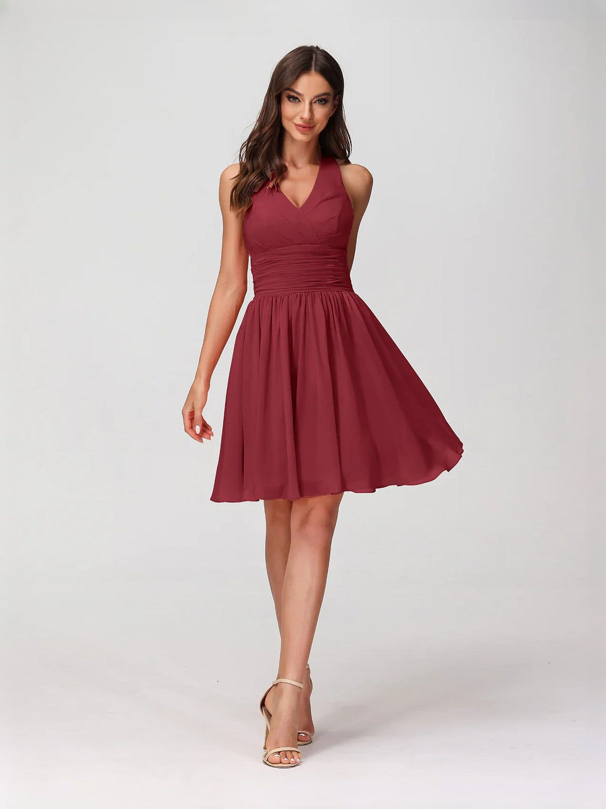 Burgundy ruched halter A-line mini chiffon dress with V-neck bodice