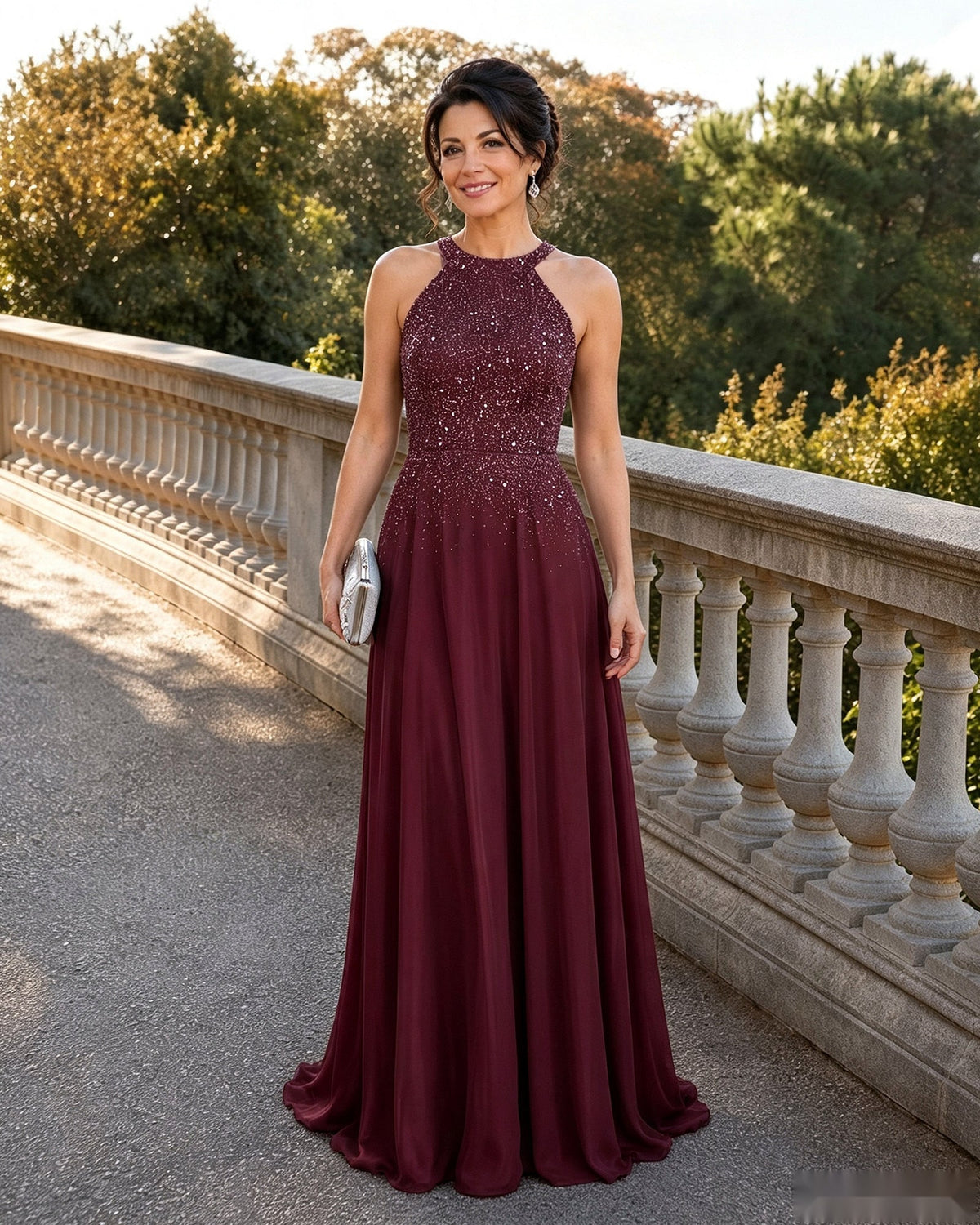 Mother-of-the-bride A-line sequin chiffon dress, halter neck, dark burgundy