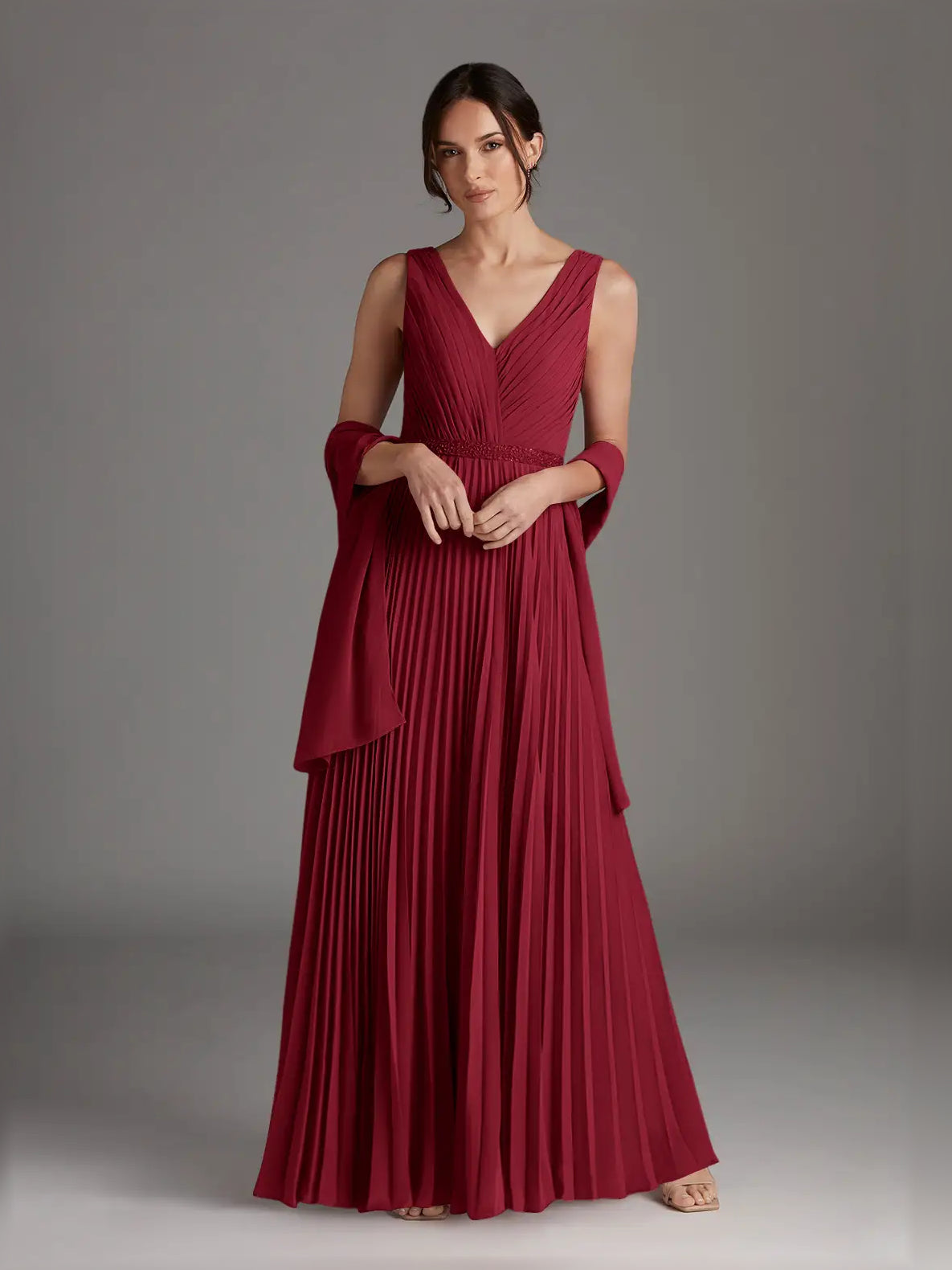 Burgundy pleated chiffon maxi dress with V-neck and flowing draped sleeves