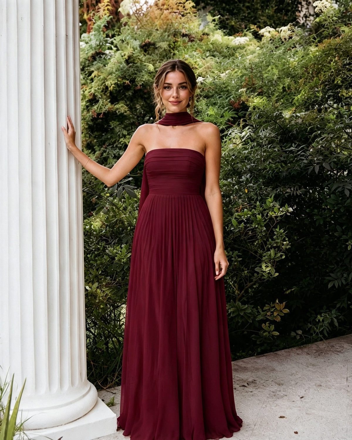 Burgundy strapless chiffon A-line bridesmaid dress with draped neck scarf