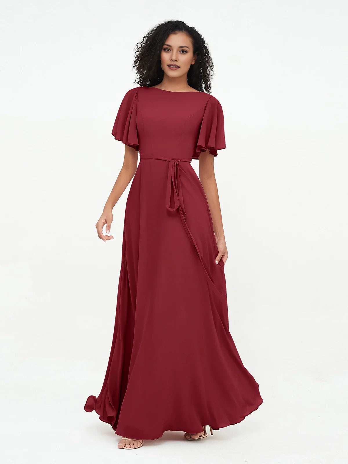 Burgundy boat-neck A-line maxi chiffon bridesmaid dress with draped tie belt