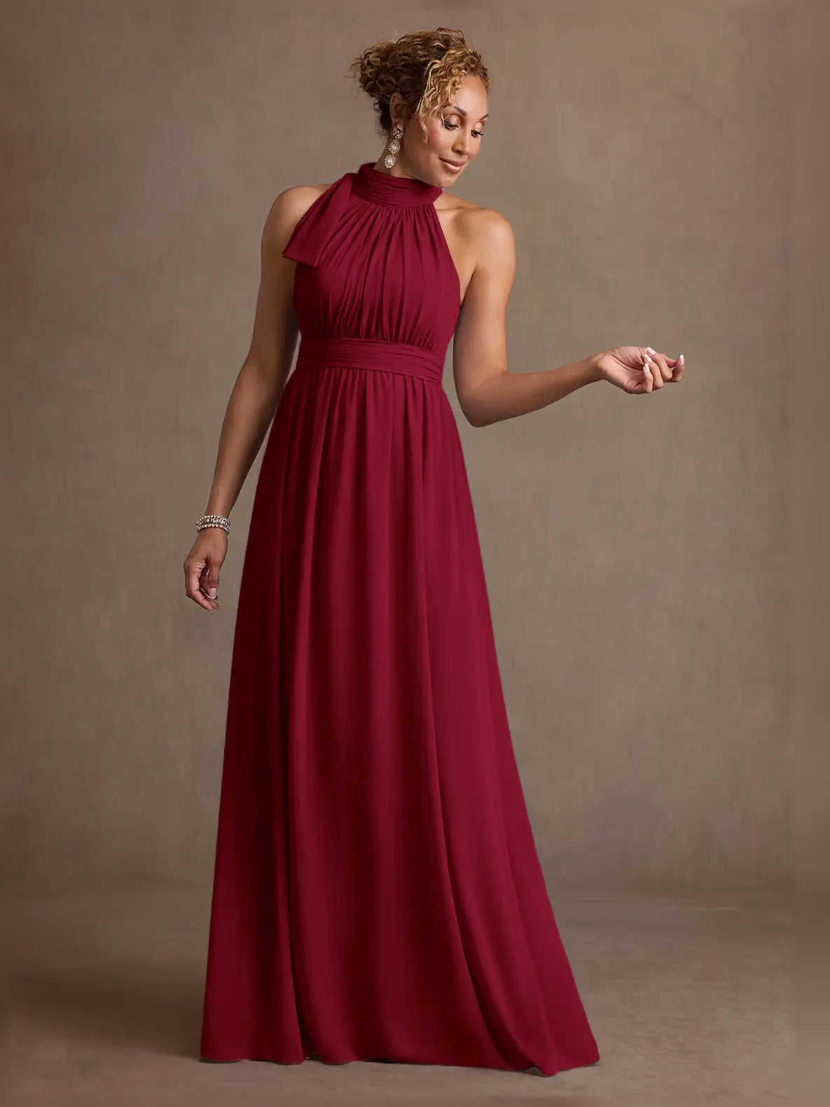 Burgundy halter neck ruched A-line formal dress, floor-length skirt with gathered bodice