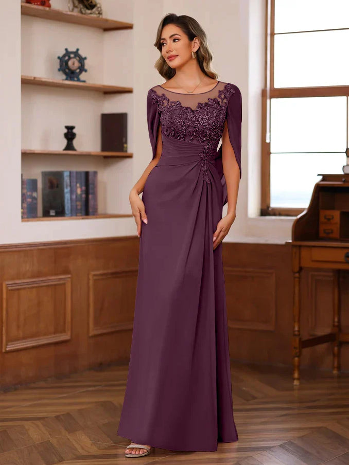 Grape purple floor-length chiffon sheath dress with flower applique scoop neckline