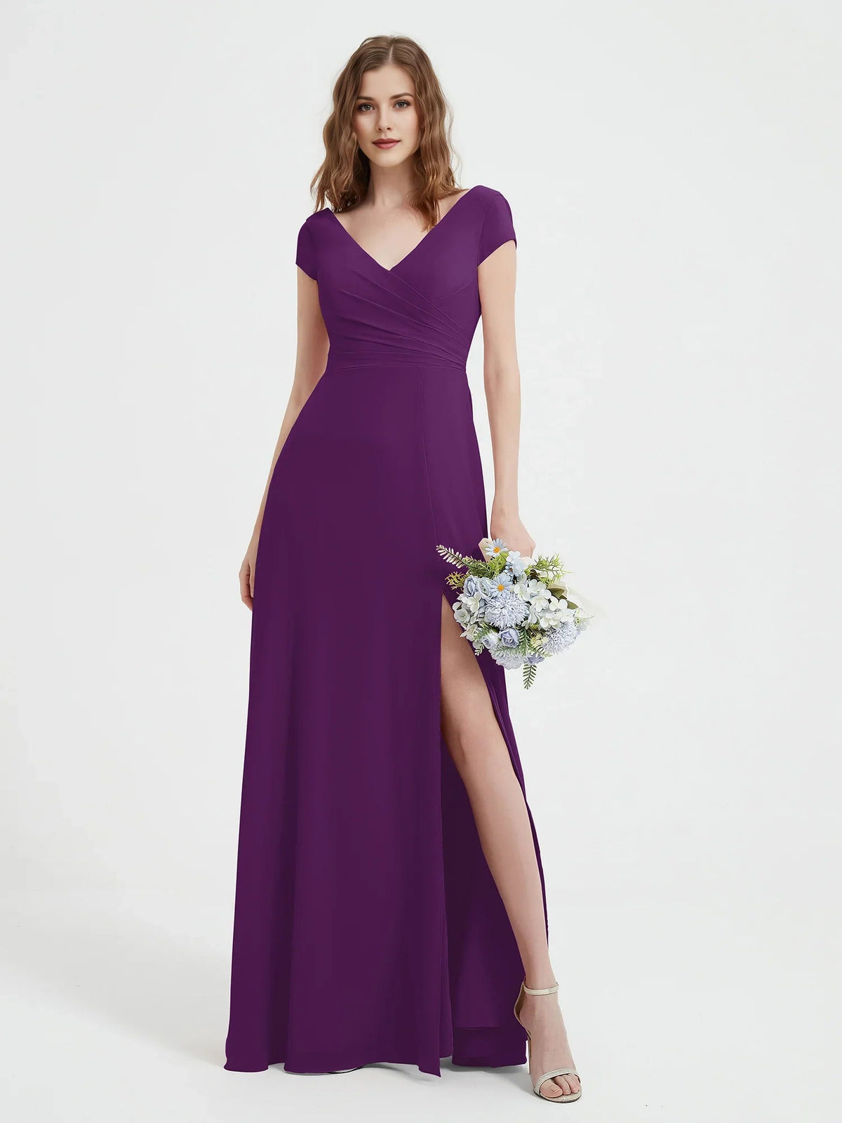 Ruched V-neck A-line maxi chiffon dress with side slit and cap sleeves, dark purple.