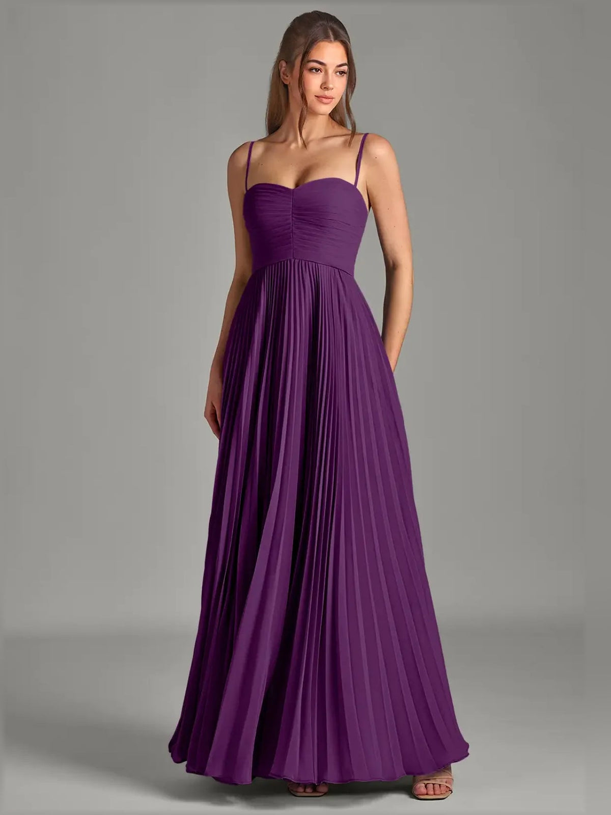 Grape strapless chiffon A-line formal dress with pleated skirt and gathered bodice