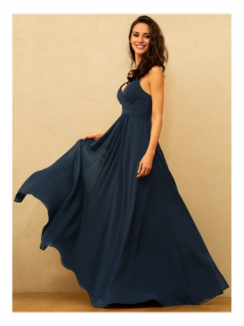 Dark navy V-neck A-line maxi chiffon dress, sleeveless, flowing skirt