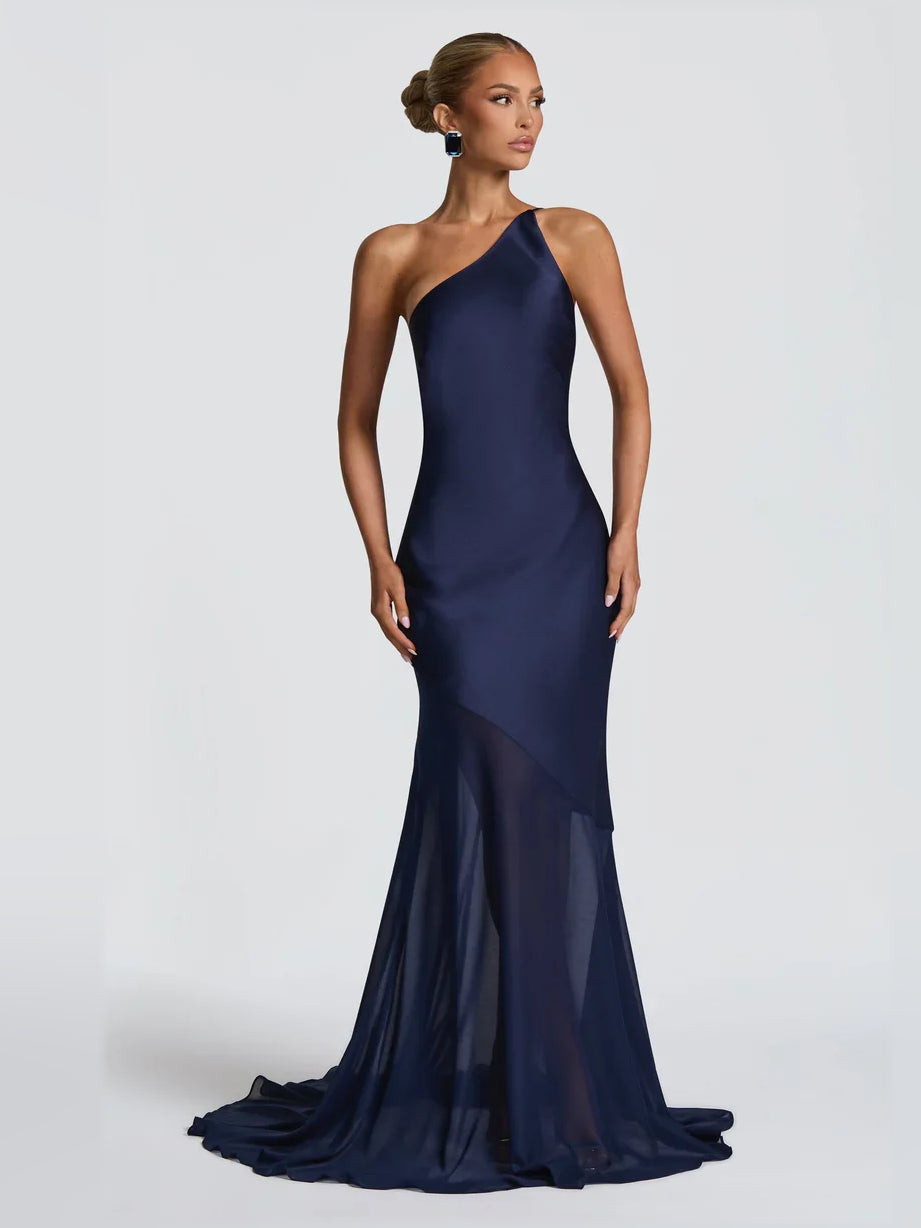 Dark navy one-shoulder mermaid floor-length formal dress with fitted bodice