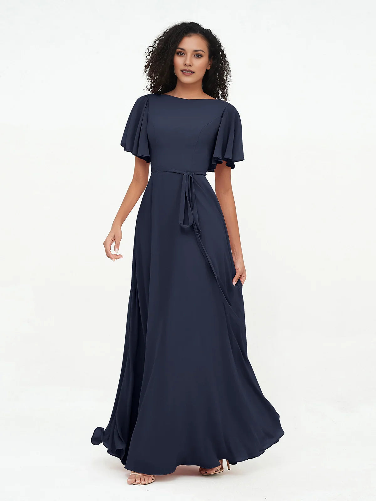 Dark navy boat-neck A-line maxi chiffon bridesmaid dress with tie waist belt