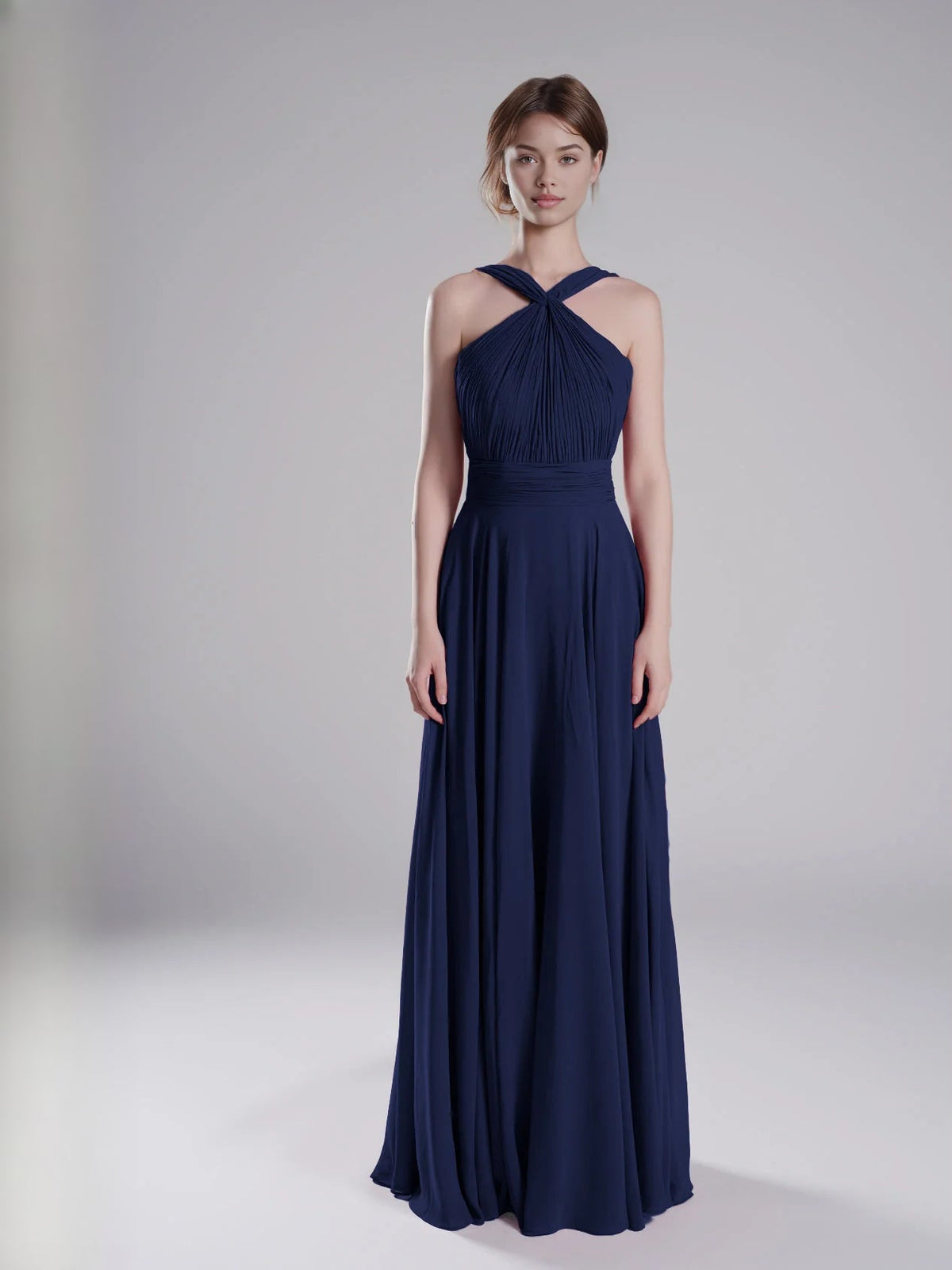 Dark navy halter-neck chiffon A-line bridesmaid dress with crisscross back straps
