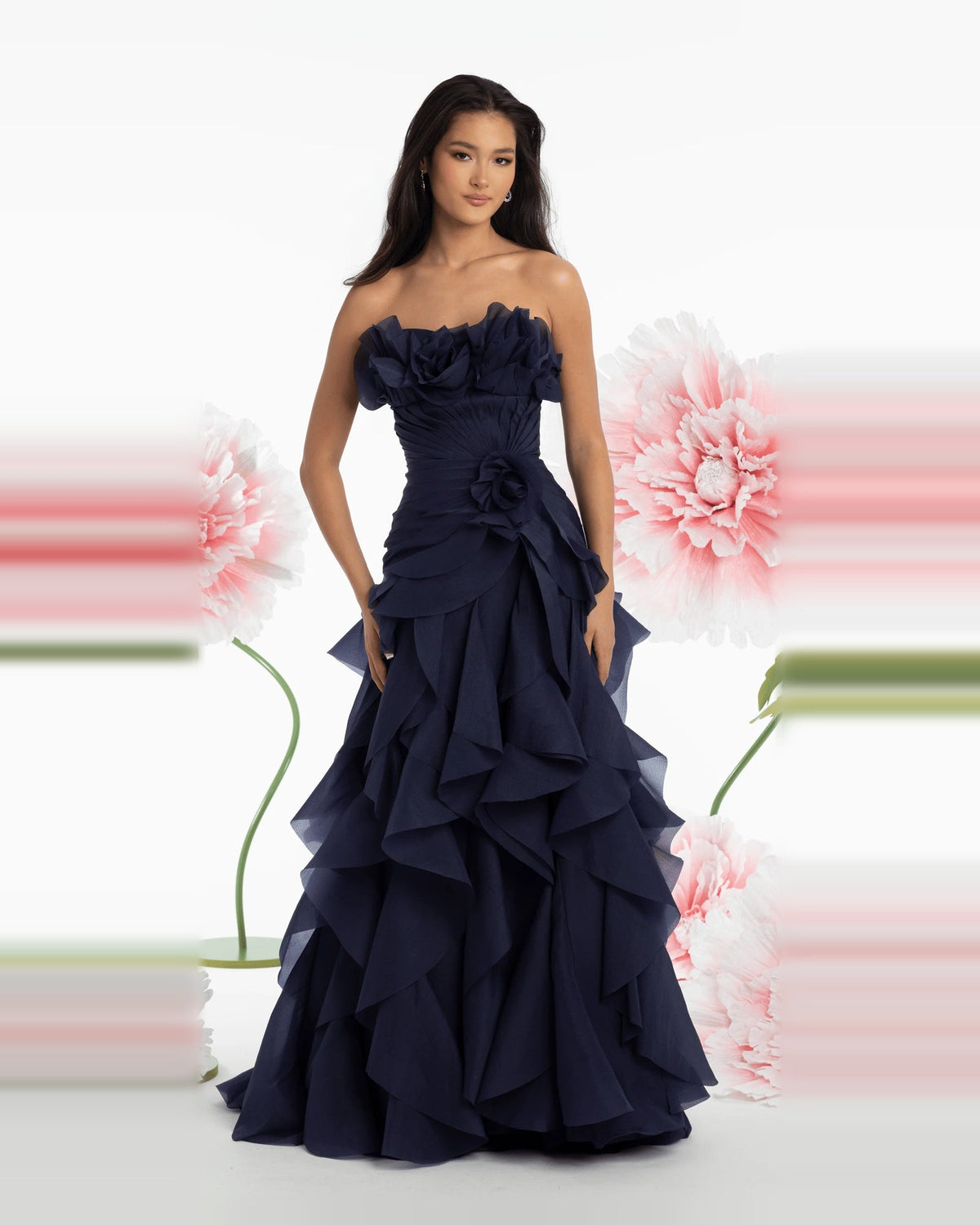 Navy strapless A-line maxi prom dress with tiered pleated ruffle skirt