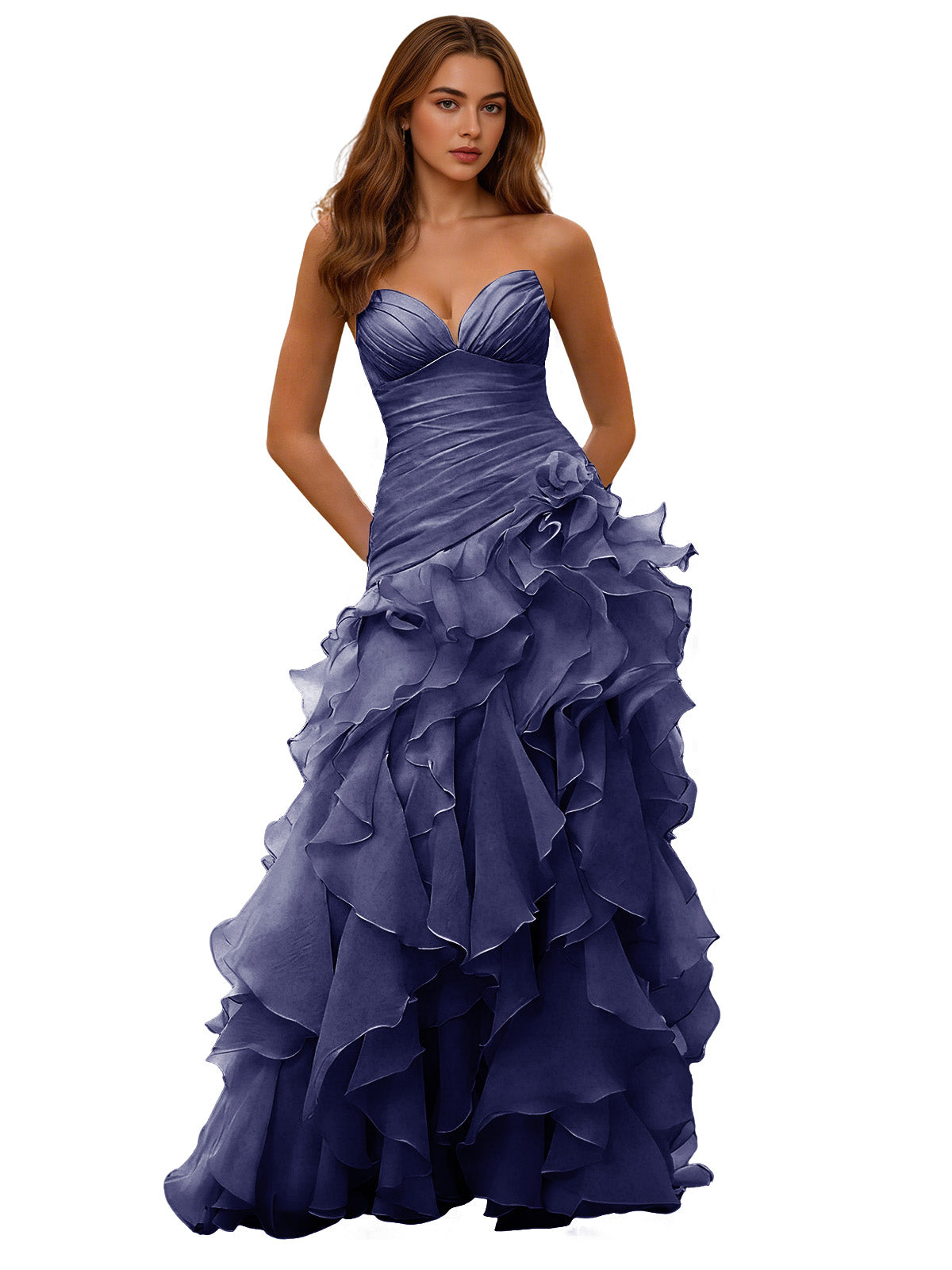 Navy blue strapless ruffle ball gown with draped corset bodice