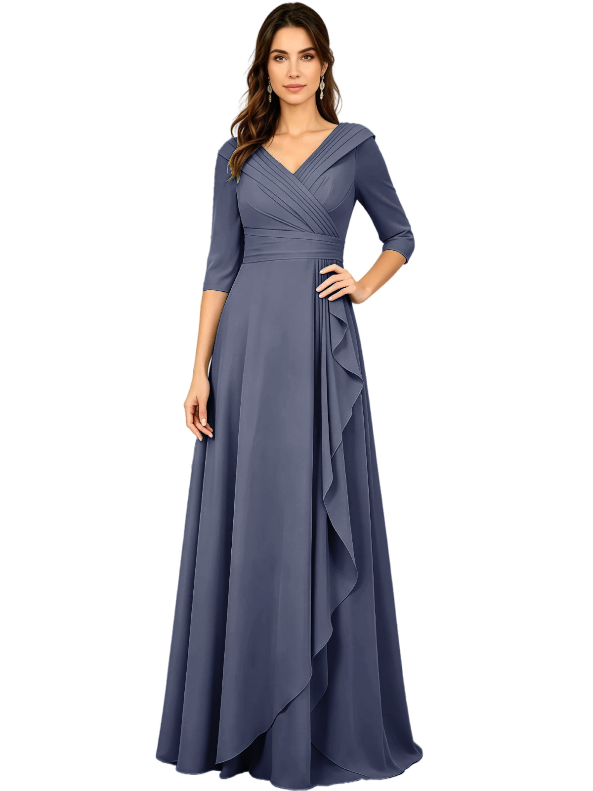 Long A-line V-neck half-sleeve chiffon dress in dark blue with side ruffle detail