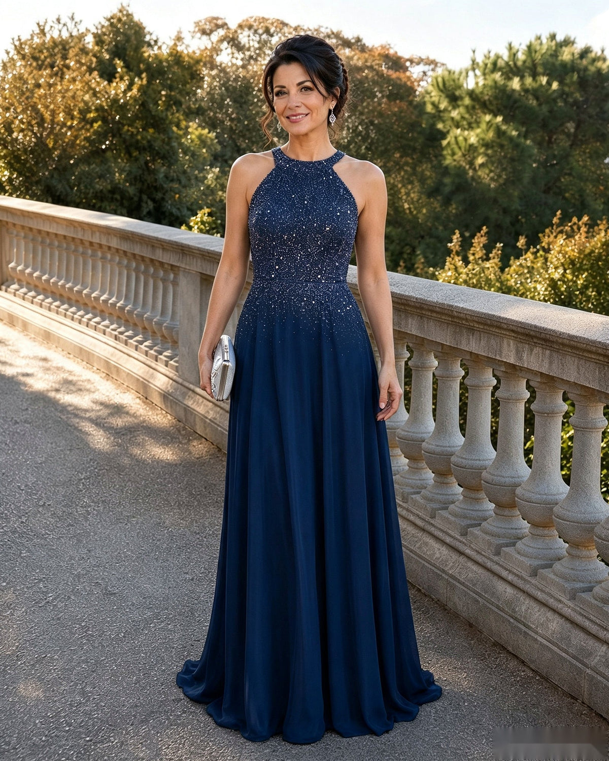Mother-of-the-bride A-line sequin chiffon dress, halter neck, dark navy blue