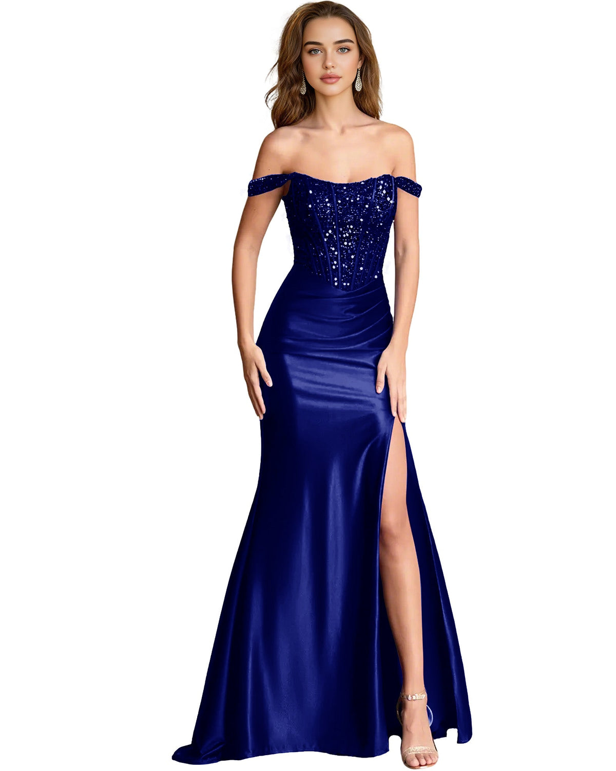Off-shoulder sequin satin mermaid dress, royal blue, draped bodice and thigh slit