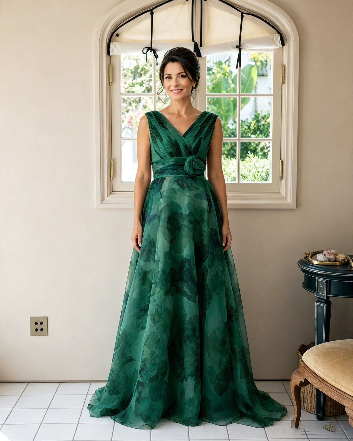 Teal floral chiffon mother-of-the-bride dress, V-neck with rosette sash, sleeveless full skirt