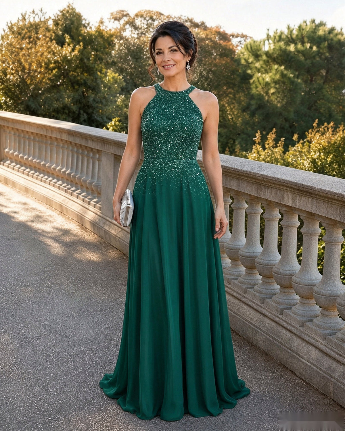 Mother-of-the-bride A-line sequin chiffon dress, halter neck, emerald green
