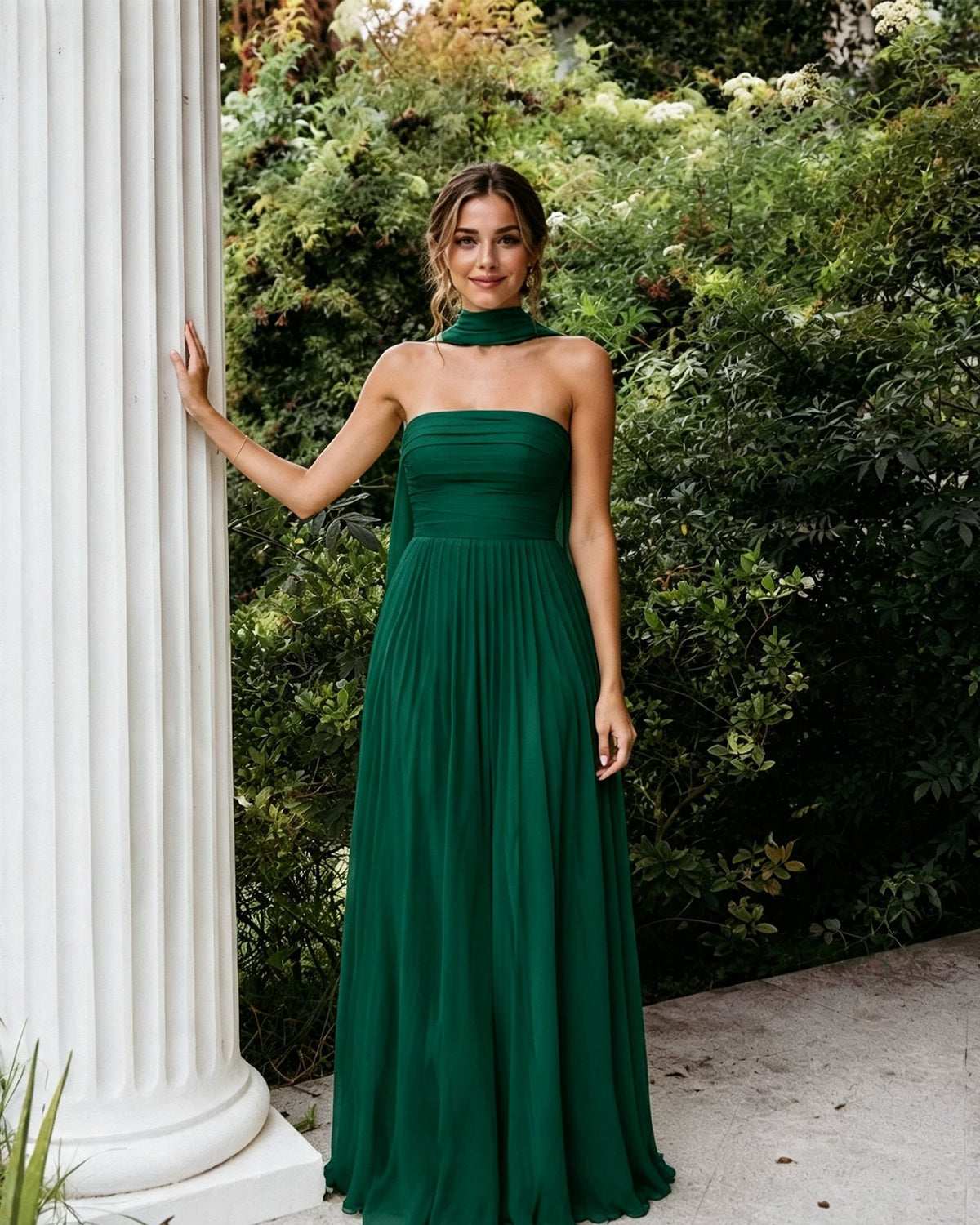 Emerald green strapless chiffon A-line bridesmaid dress with draped neck scarf