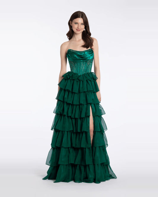 Emerald strapless A-line maxi prom dress with tiered ruffle skirt
