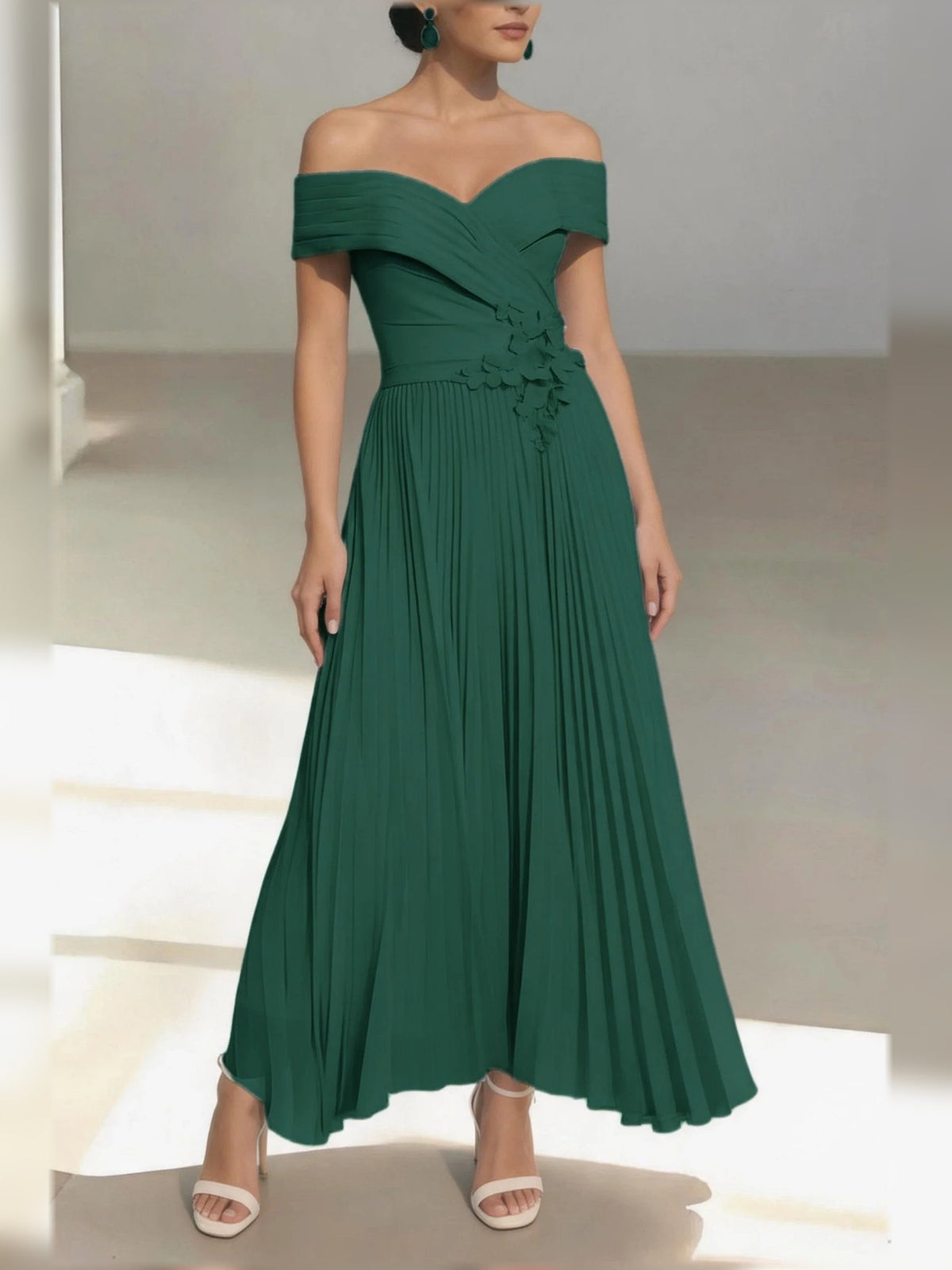Emerald green one-shoulder A-line satin midi dress with ruched bodice and pleated skirt