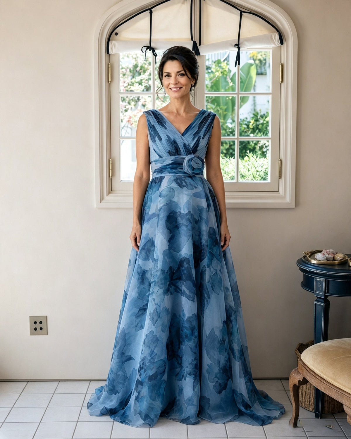 Blue floral chiffon mother-of-the-bride dress, V-neck with rosette sash, sleeveless full skirt