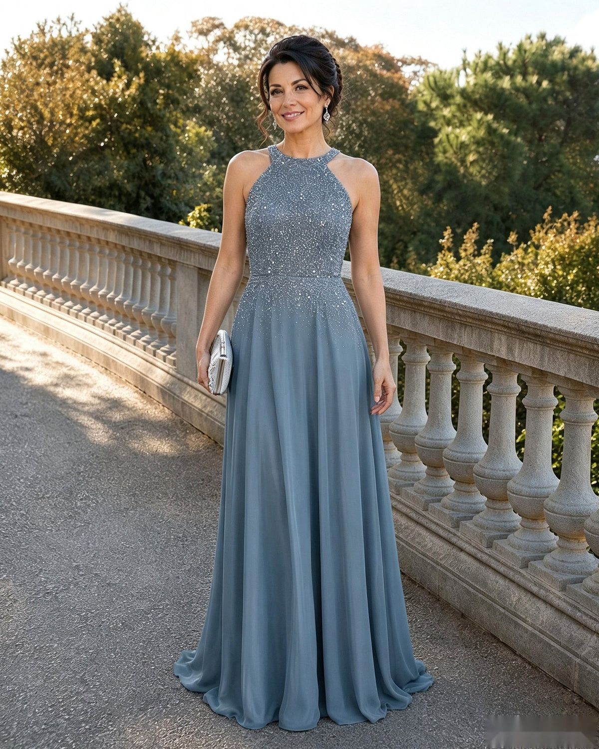 Mother-of-the-bride A-line sequin chiffon dress, halter neck, light slate blue
