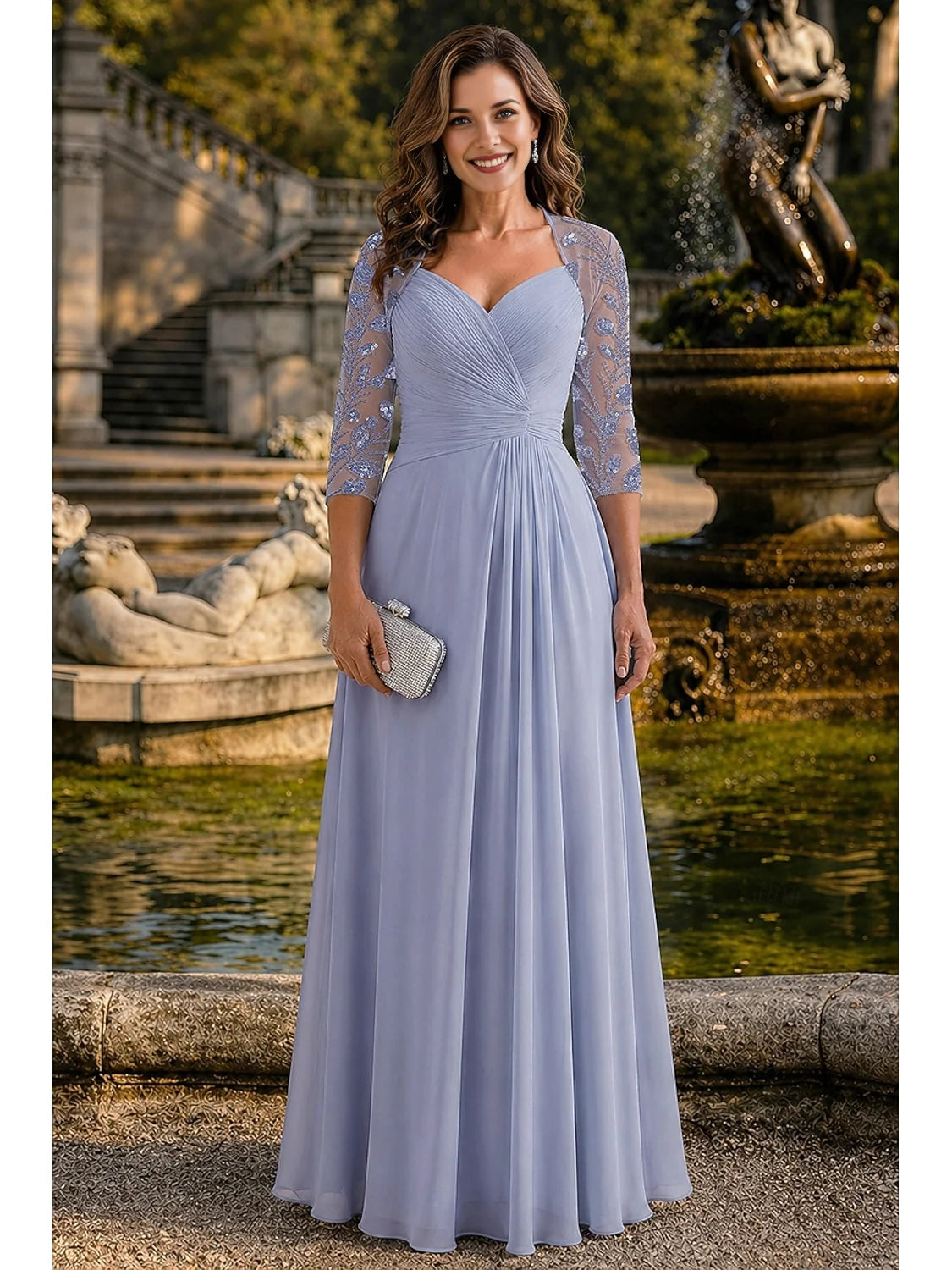 Dusty blue chiffon A-line dress with sweetheart neckline, ruched bust, 3/4 beaded lace sleeves