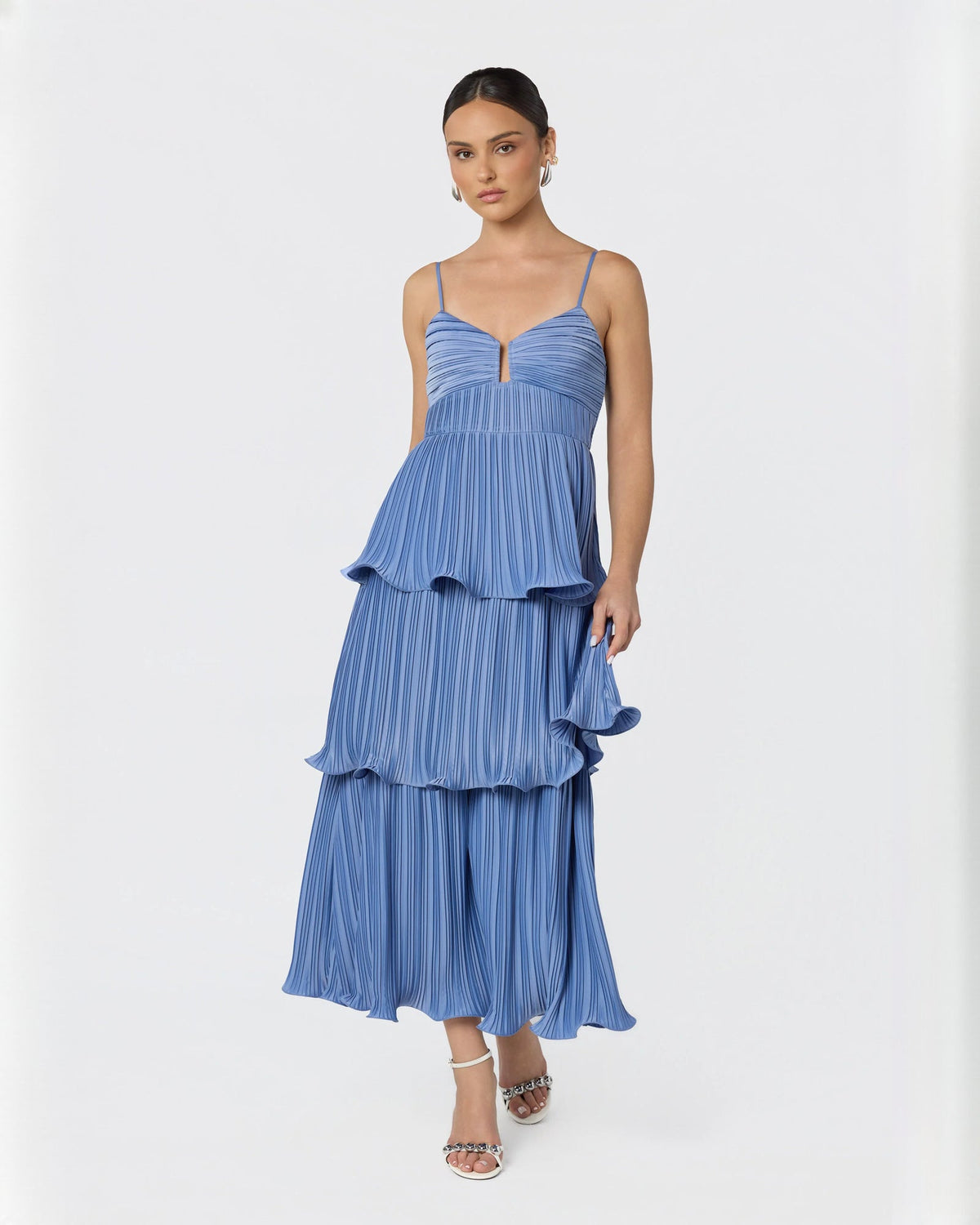 Dusty blue sleeveless tiered A-line maxi dress with V-neck and layered skirt
