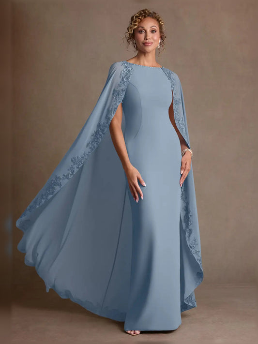 Dusty blue chiffon sheath maxi dress with boat neck and lace-trimmed cape overlay