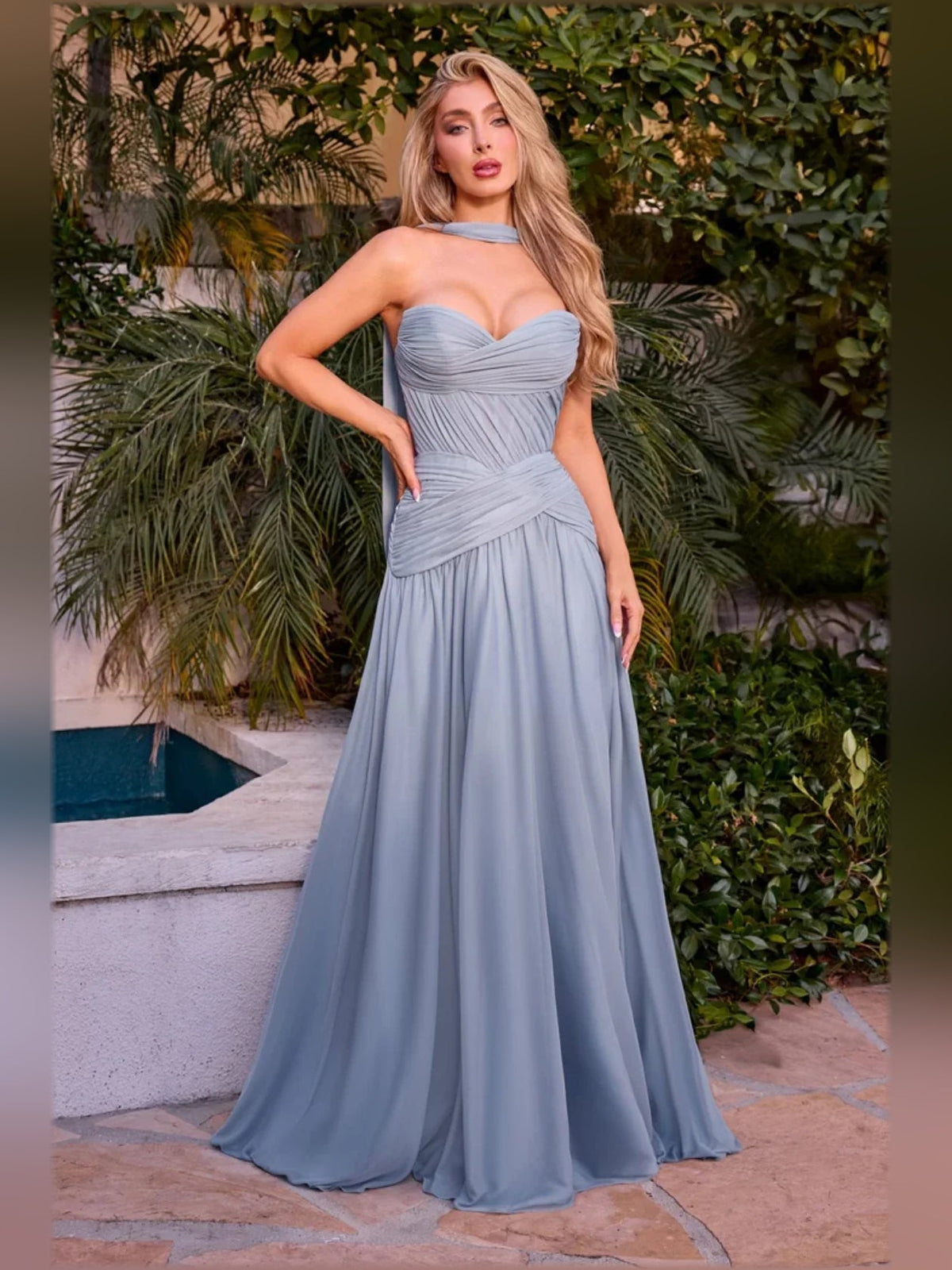 Dusty blue sweetheart chiffon formal dress with halter neck, ruched bodice, flowing skirt