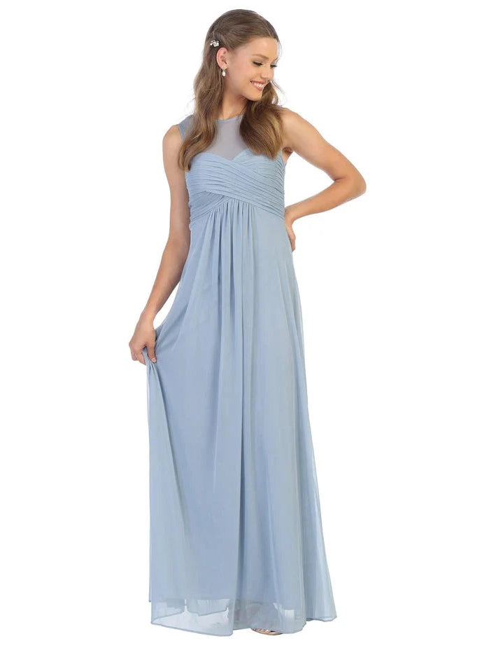 Dusty blue illusion-neck A-line maxi chiffon dress, sleeveless gathered bodice