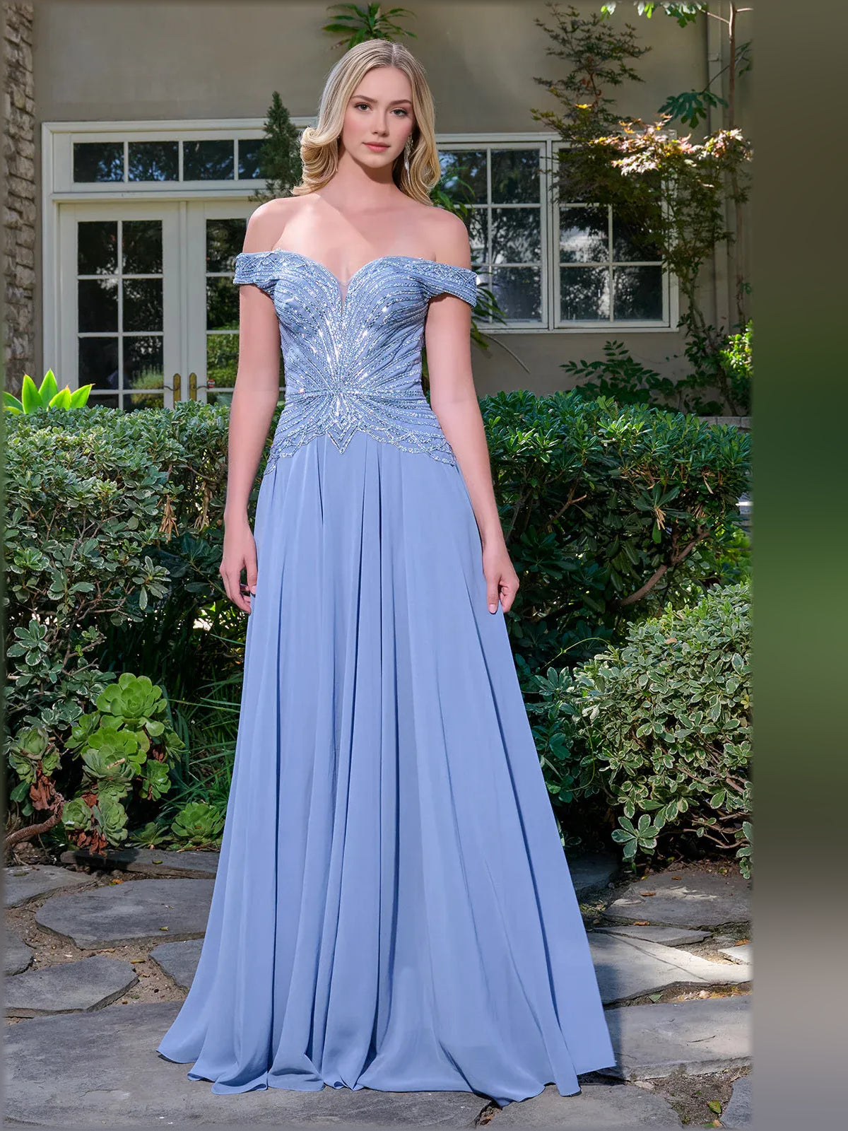 Dusty blue off-shoulder beaded floor-length formal gown, full front
