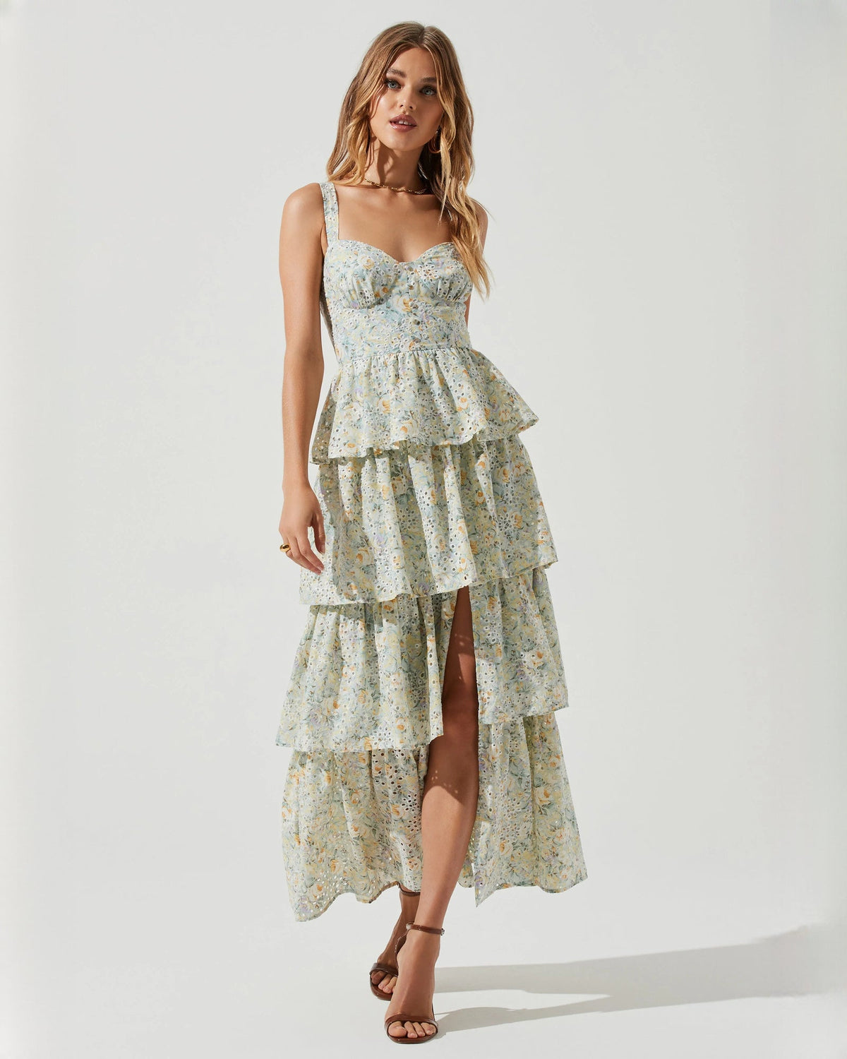 Mint floral sleeveless chiffon maxi dress with tiered ruffle skirt and sweetheart neckline
