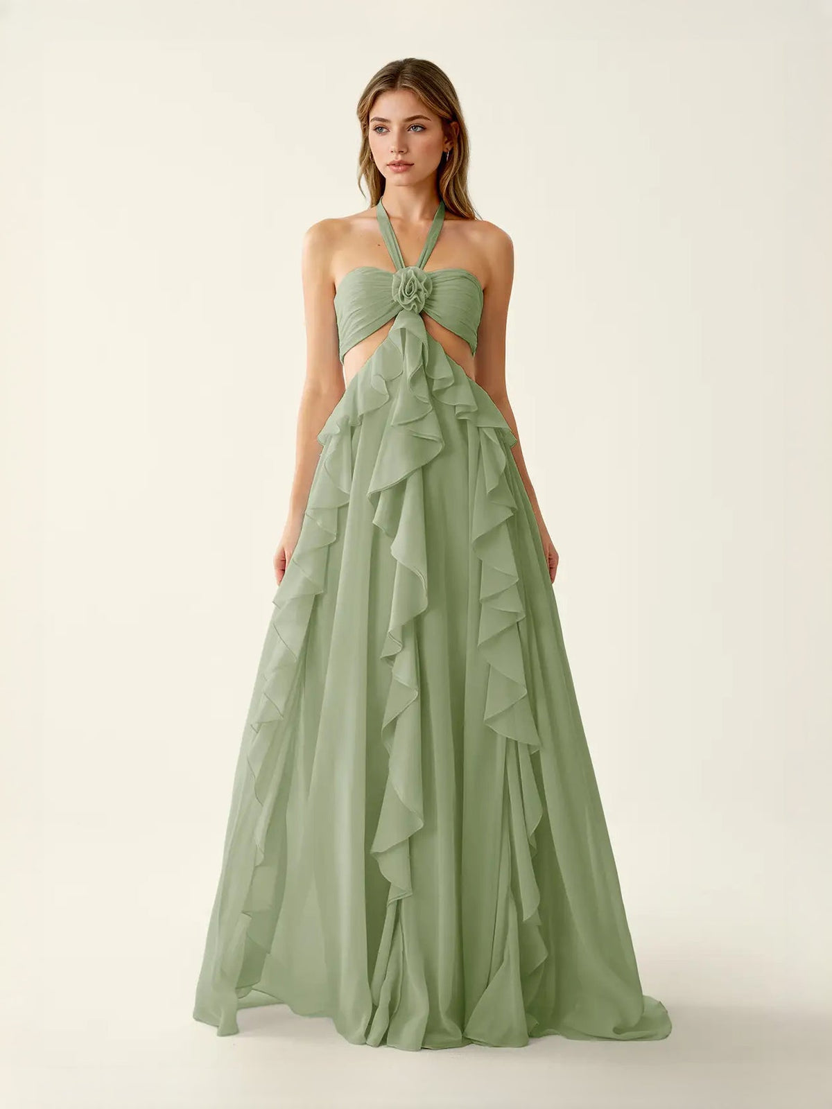Sage green chiffon prom dress with halter neck knot detail and tiered ruffle maxi skirt
