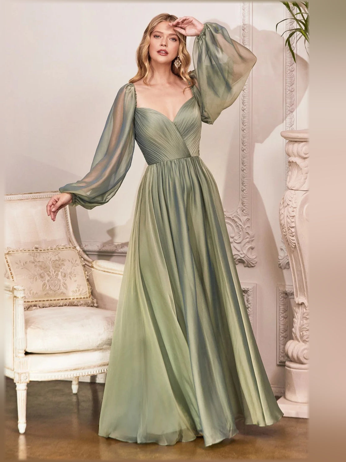 Sage green long formal dress with V-neck, pleated skirt, and puff sleeves