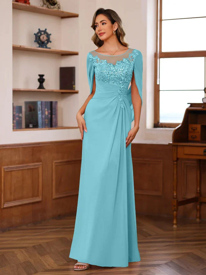 Light blue floor-length chiffon sheath dress with flower applique scoop neck