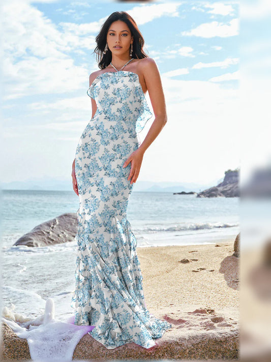 Floral halter neck ruffle formal dress, blue, front view, tiered hem, floor-length