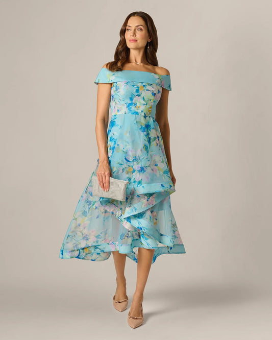 Blue floral off-shoulder A-line midi dress with layered ruffle hem