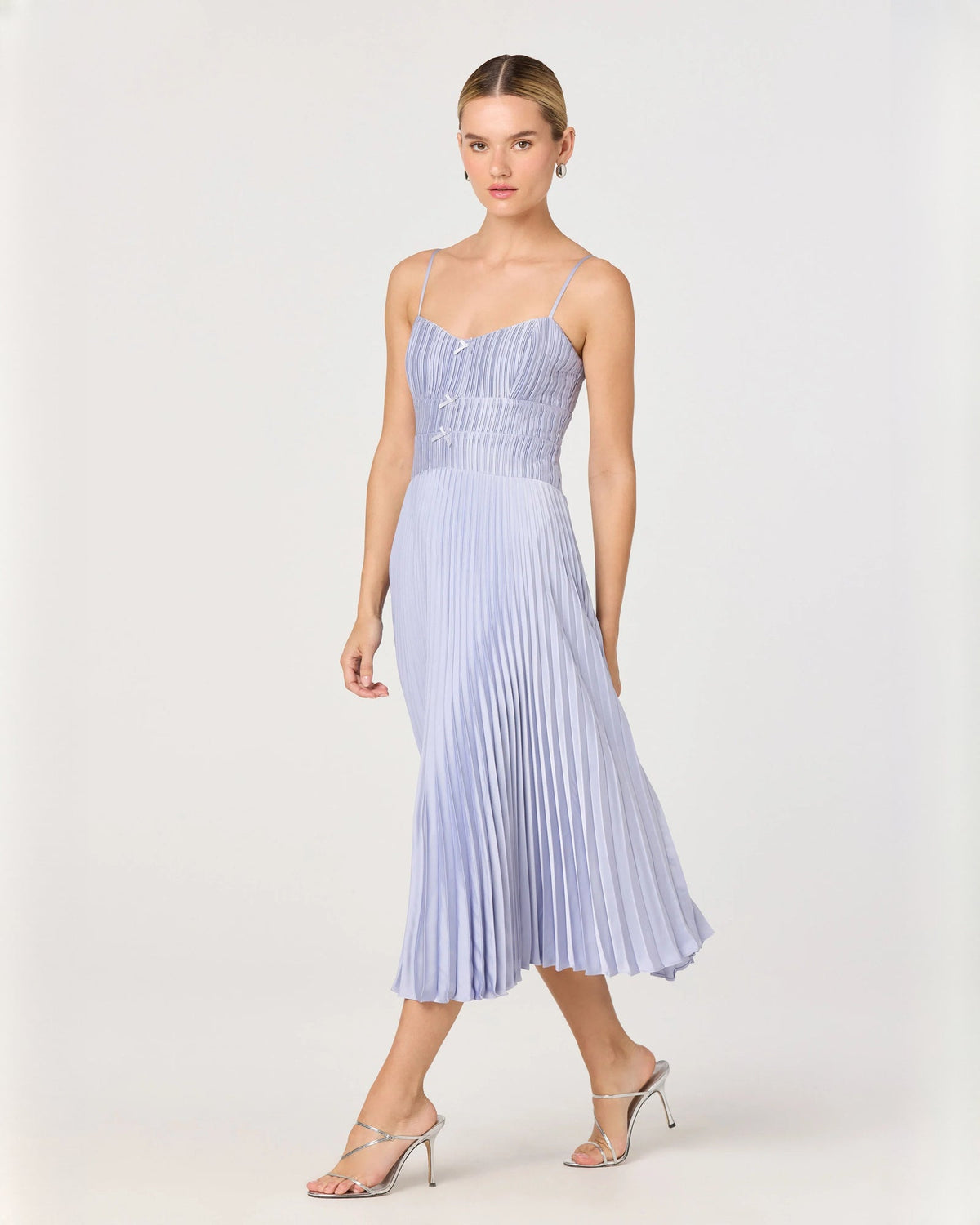 Blue sleeveless chiffon midi dress with spaghetti straps and pleated A-line skirt