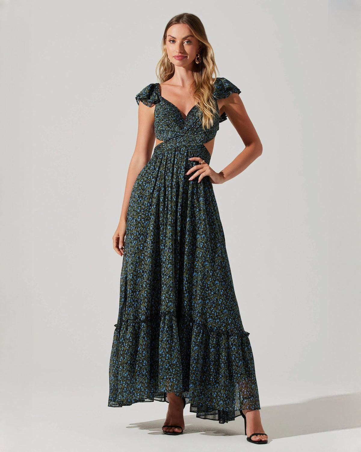 Floral chiffon maxi dress with V-neck and ruffled cap sleeves, dark teal and black print