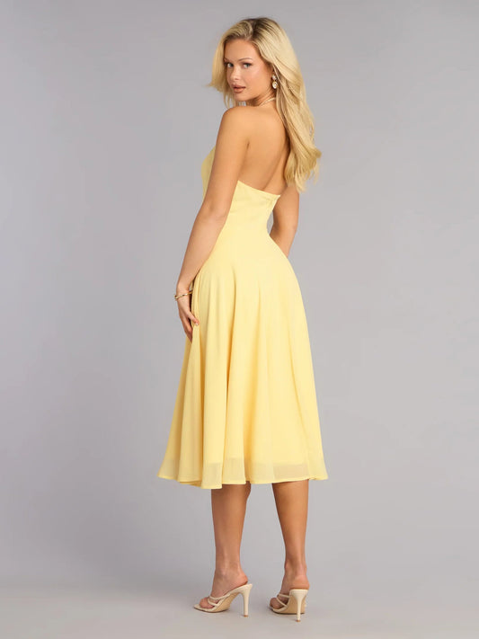 Yellow chiffon midi formal dress with V-neck halter, pleated skirt, and midi length