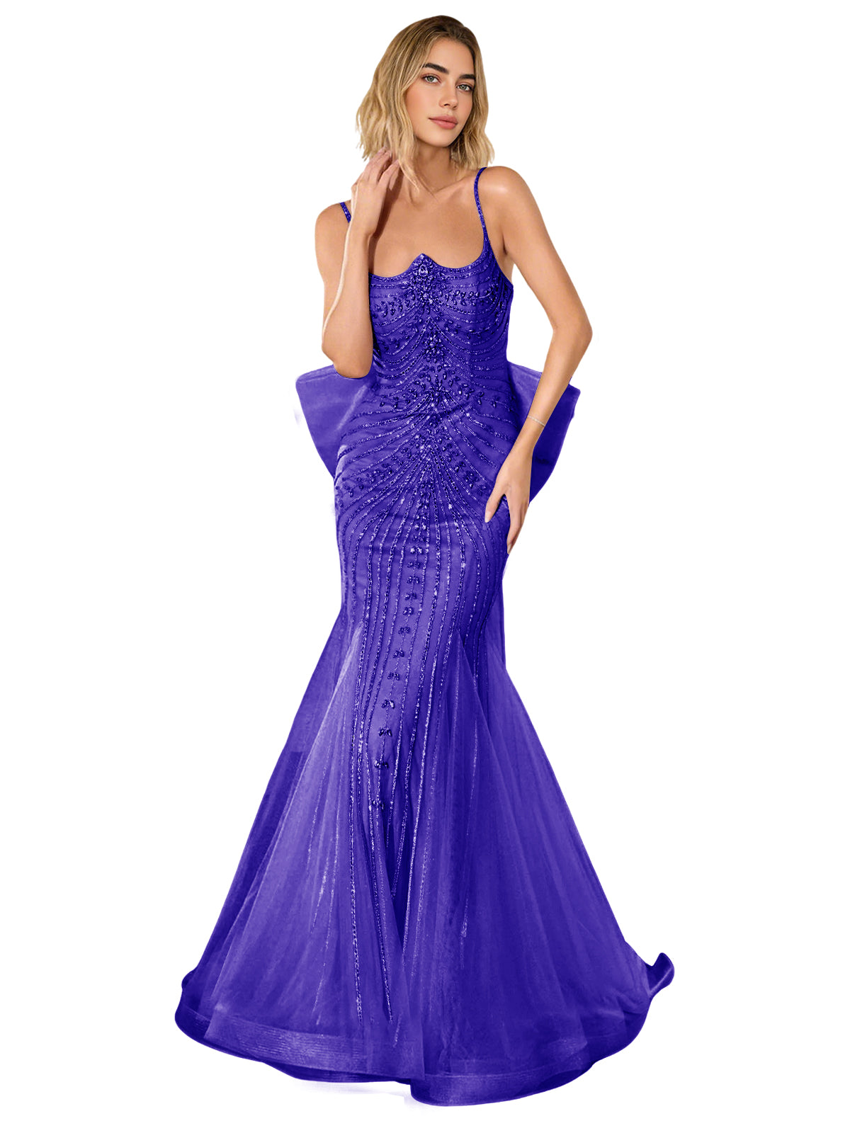 Lace corset-back trumpet prom dress, dark blue with lace bodice and sweep train
