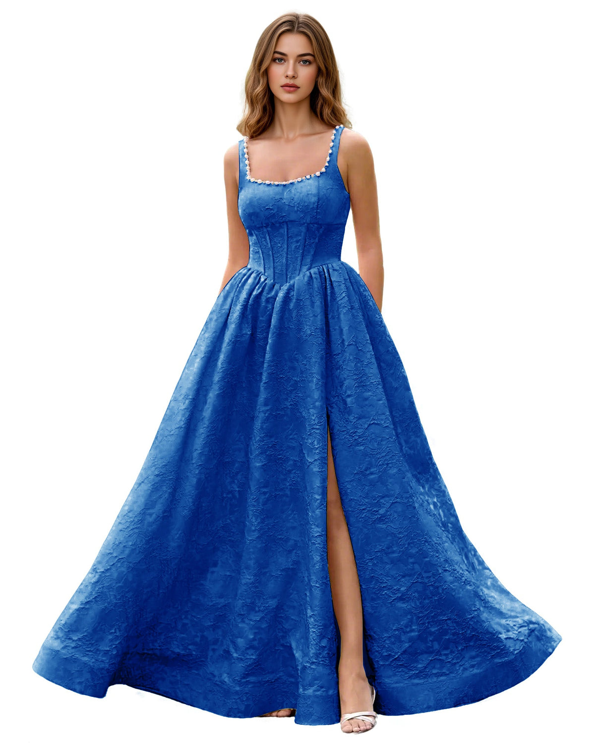 Royal blue square-neck jacquard ball gown prom dress with wide straps and front slit