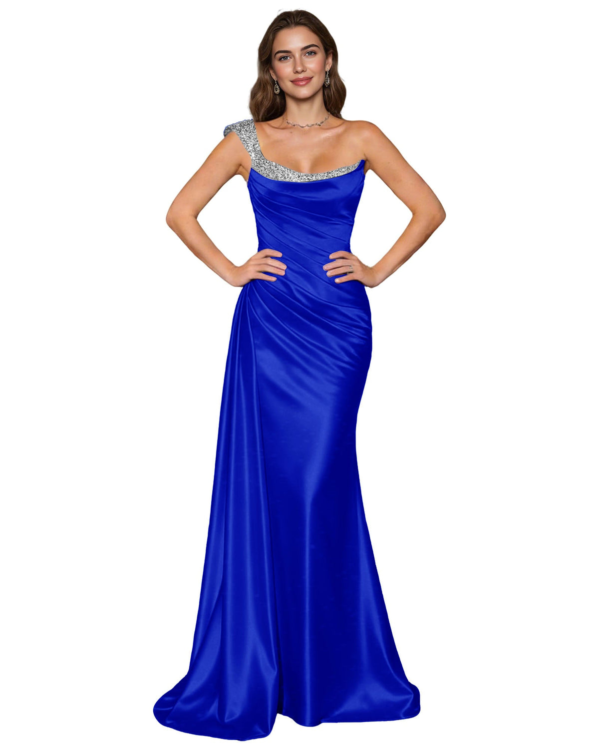 Royal blue satin mermaid prom dress with rhinestone-trim spaghetti straps and cowl neck