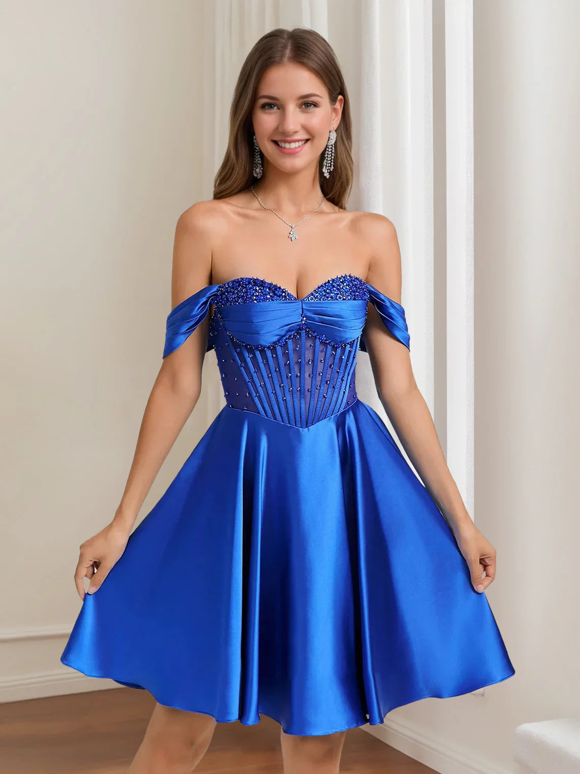 Cobalt blue off-shoulder satin A-line dress with pleated skirt and jeweled bodice